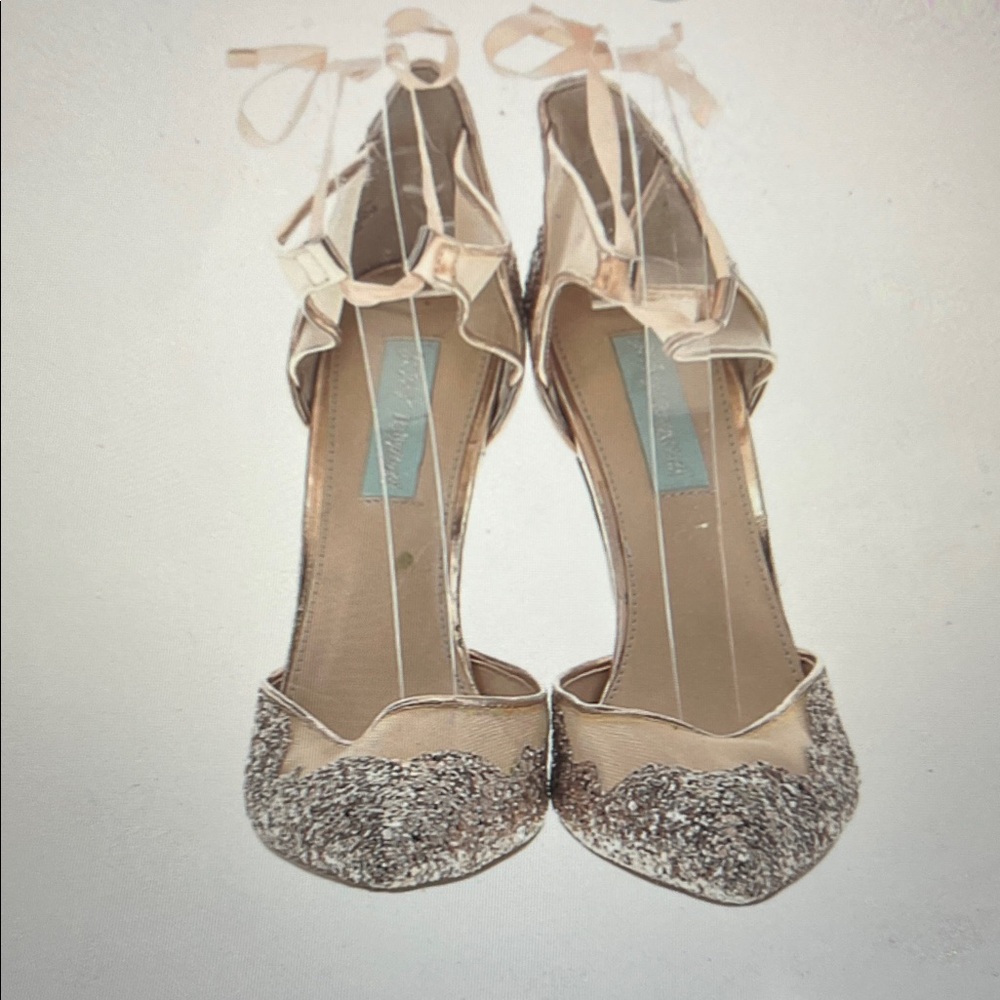 Betsey Johnson Champagne Glitter Pointed-Toe Ankle Tie Heels